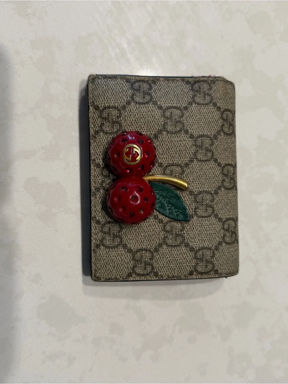 Gucci Beige GG Canvas Card Holder with Red Cherry Detail